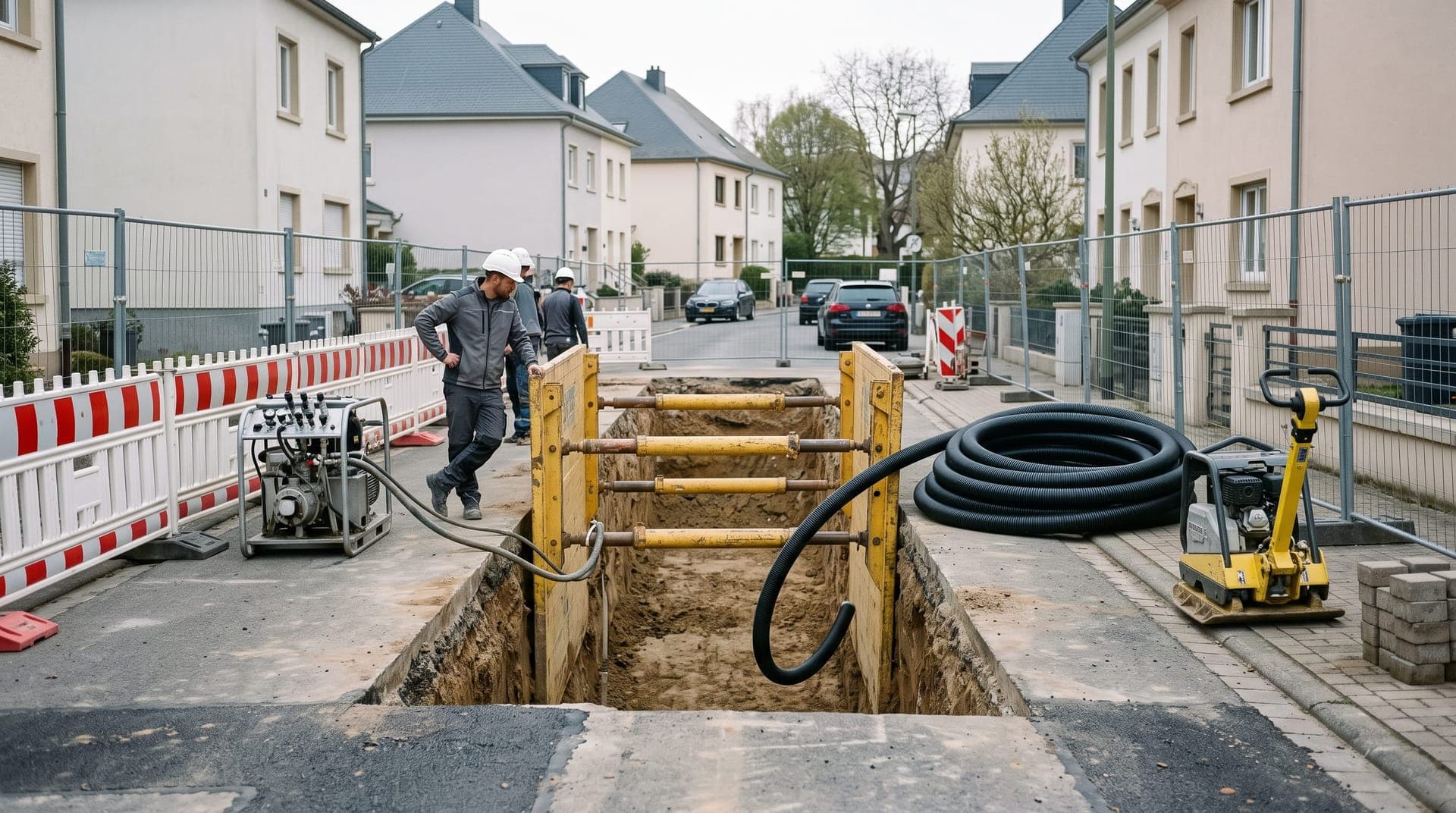 Tranchée de réseaux blindée avec grillage avertisseur, chantier luxembourgeois