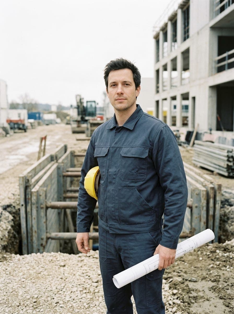 Chef de chantier VRD de Pereira Terrassement devant une tranchée de réseaux