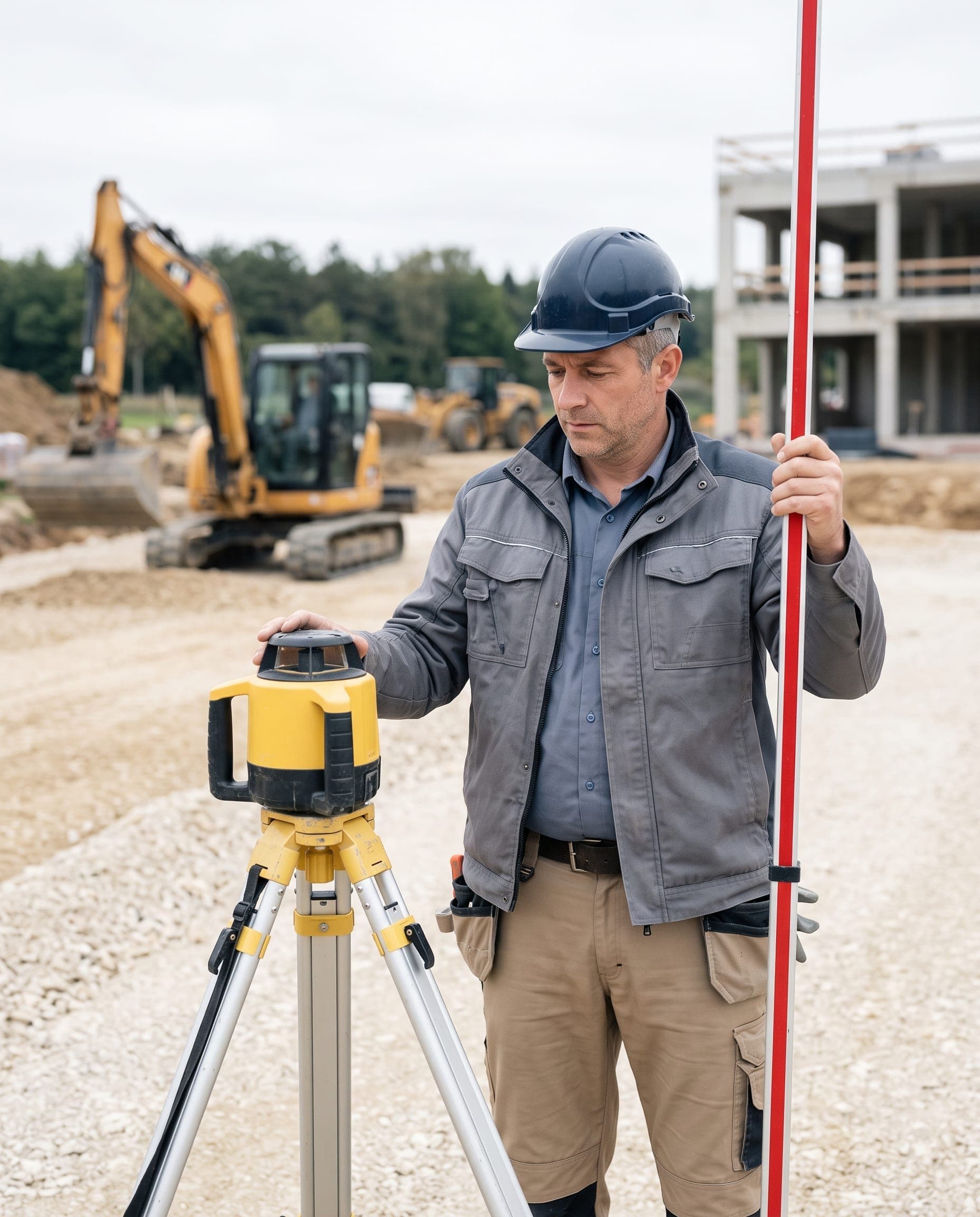 Chef de chantier de Pereira Terrassement relevant une cote au laser rotatif