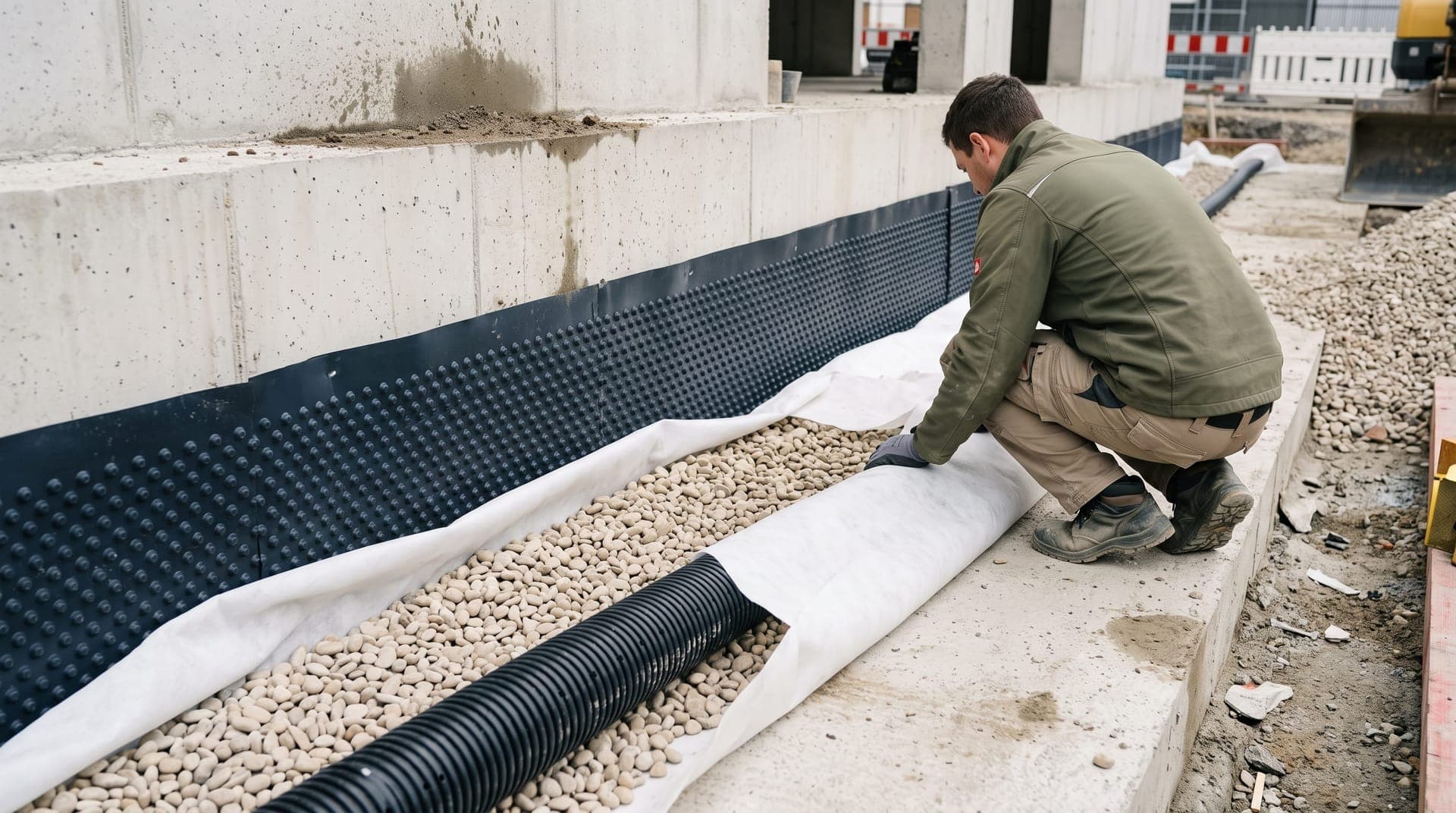 Drain périphérique avec gravier roulé et géotextile en pied de mur enterré