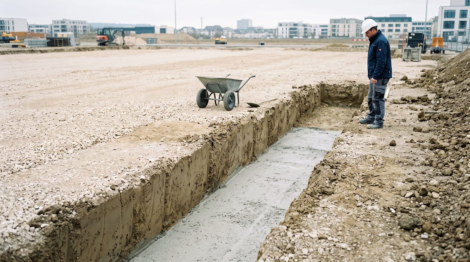 Fouille en rigole avec béton de propreté coulé, chantier au Luxembourg