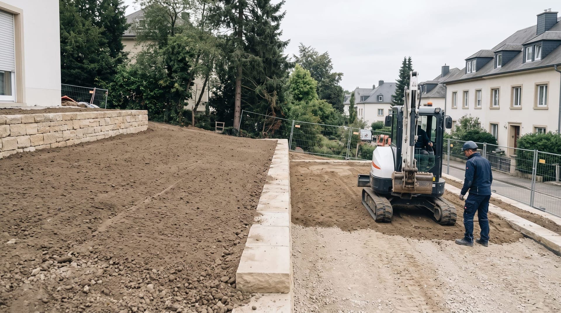 Jardin remodelé en paliers avec muret de soutènement et accès en grave